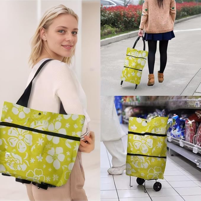 Collapsible Shopping Grocery Bag with Wheels Rolling Tote Bag with Wheels Large Reusable Shopping Bags Foldable Cart(Yellow Green Flower,Large)
