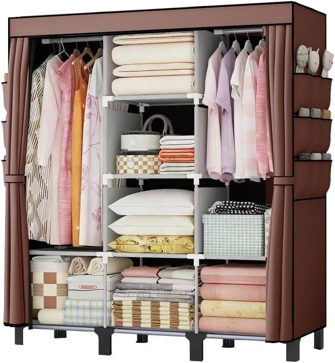 Portable Wardrobe, Easy Hanging Closet 6 Side Pockets Large Capacity Clothes Organizer Comes with 2 Hanging Poles and Storage