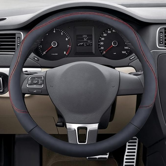 Craedli 14.5-15 Inch Leather Car Steering Wheel Cover, Non-Slip Breathable Auto Steering Wheel Protector Cover, Universal Veh