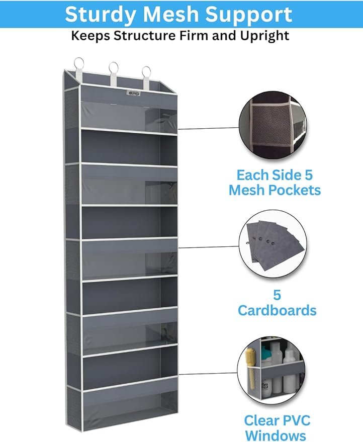 Over the Door Organizer with 5 Large Pockets & 10 Mesh Side Pockets – Durable Hanging Storage for Closet, Bathroom, Bedroom, 