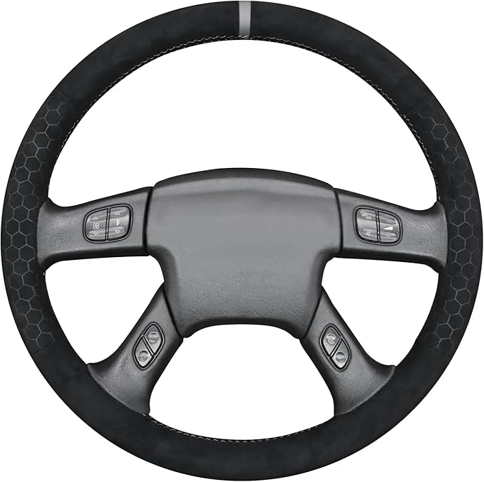 MEWANT Suede Steering Wheel Cover for Chevy Silverado 1500 2003-2006 DIY Hand-Stitched Non-Slip Grip Black Embossed Wrap