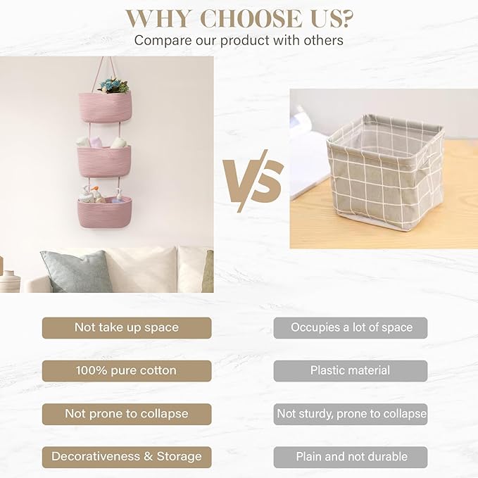 TeoKJ Over the Door Hanging Basket, 3-Tier Woven Cotton Wall-Mounted Storage Organizer Bag Decorative Hanging Nursery Baskets