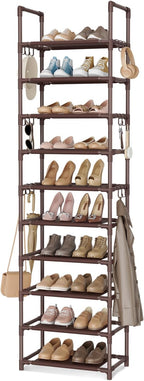 VTRIN 10 Tiers Tall Shoe Rack Holds 20-25 Pairs of Shoes Sturdy Vertical Shoe Organizer with 18pcs Hooks Stackable Narrow Sho