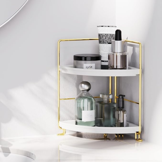 FSyueyun 2-Tier Corner Bathroom Counter Organizer, Tool-Less Installation Vanity Shelf Small Plastics Countertop Makeup Tray 