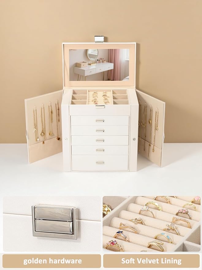 BOOVO Jewelry Box For women, 6 Layer Large Jewelry Organizer With Mirror, Multi-Function Storage Box With Lock, Accessory Hol