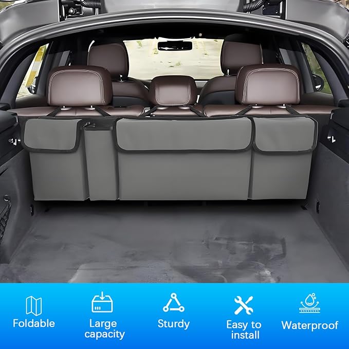 Car Trunk Organizer with Lid, Large Waterproof Vehicle Backseat Hanging Storage Bag with 4 Pockets & Adjustable Straps, Colla