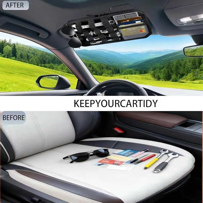 Tactical Molle Car Sun Visor Organizer – Semi-Rigid Storage Panel with Zipper Pouch & Glasses Clip, Universal Organizer for Cards, Pens & Tactical Gear, Fits All Cars, SUVs, Trucks