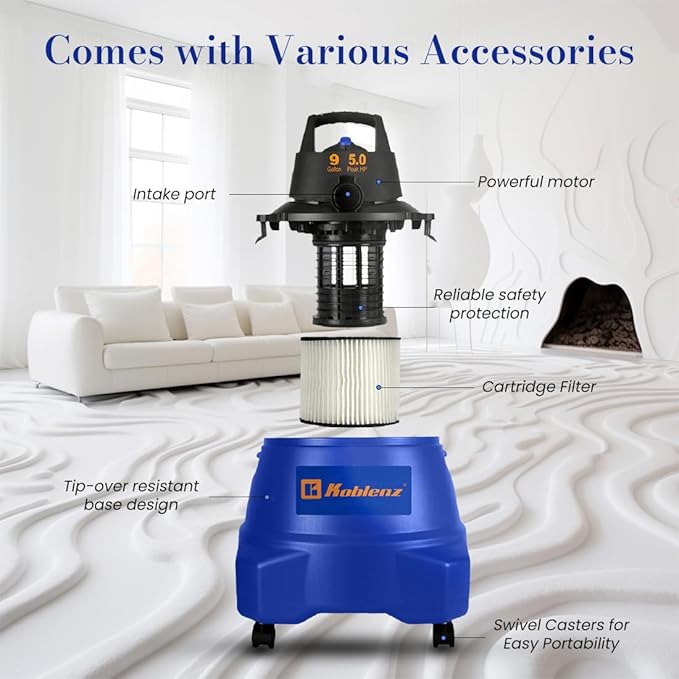 Koblenz Wet Dry Vacuum Cleaner, 9.0 Gallon Tank, 5.0 HP Powerful Vacuum for Dry and Wet Messes, Vacuum Cleaner and Blower, Ac