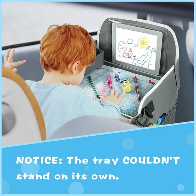 MENZOKE Kids Travel Tray for Boys or Girls, Travel Tray for Kids Car Seat with Tablet Holder, Dry Erase Board & Cooler Cup Ho