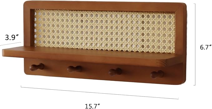 FRIADE PE Rattan Coat Rack Shelf Wall Mounted with 4 Hooks, Decorative Coat Hook Rack with Floating Shelf for Entryway, Nurse