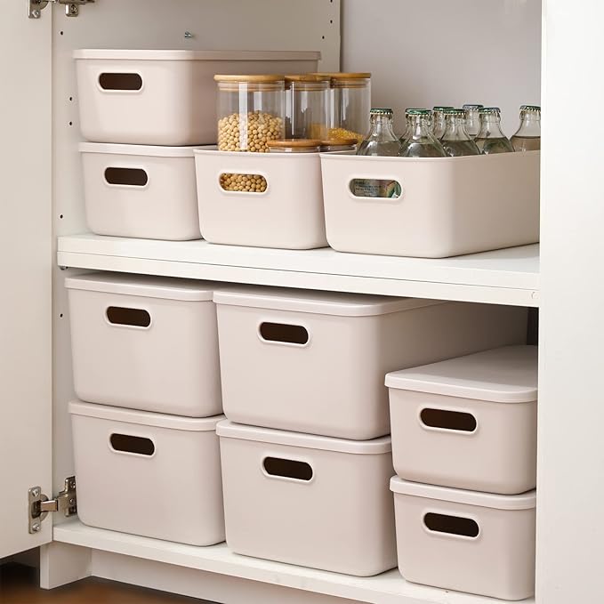 Yishyfier Plastic Storage Baskets With Lid Organizing Container Lidded Knit Storage Organizer Bins for Shelves Drawers Deskto