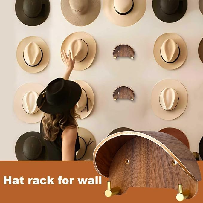 2 Pack Cowboy Hat Rack, Wooden Satin Finish Hat Holder on Wall,Non-Damage Brim Design, Hat Hooks Can Keeps Original Shape of 