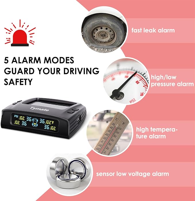 Tymate TM2 RV Tire Pressure Monitoring System, Tire Pressure Monitor with Solar Charge, TPMS with 4 Sensors(Max. 10) & 6 Alarm Modes, New Updated w/Color LCD Display, 0-87PSI for RV/Trailer/Truck/SUV