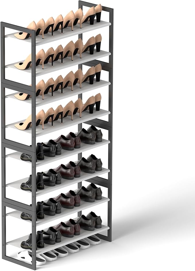 8-Tier Tall Shoe Rack, Stackable Zero-Wobble Metal Frame with Screw-Fastened Joints, 11.8" Deep Heel-Friendly Non-Woven Shelv