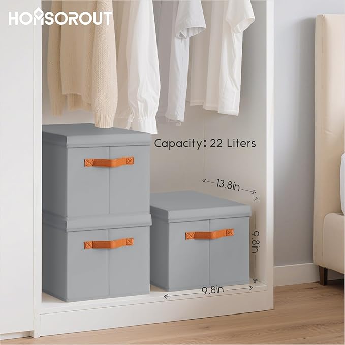 Homsorout Storage Bins with Lids - Fabric Storage Baskets for Shelves, 6 Pack Foldable Decorative Boxes with Handles, Stackab