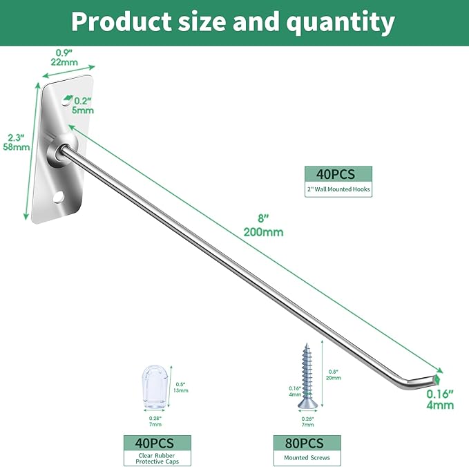 40 Pcs 8"/20CM Stainless Steel Wall Mounted Hooks with Protective Caps and Screws, Coat Bag Hat Utility Hook, Garage Tools St
