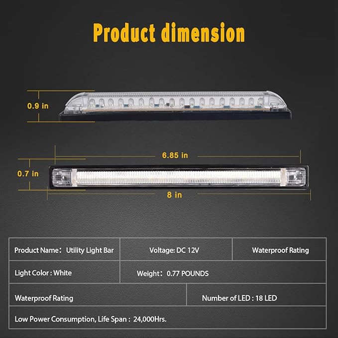 nifeida 8" Clear Lens 18LED Waterproof Utility Strip Light Bar Surface Mount for 12V Marine Boat RV Interior Light Slim Line Pickup Truck Trailer Under Hood Lights Side Marker Lamp [Pack of 4]