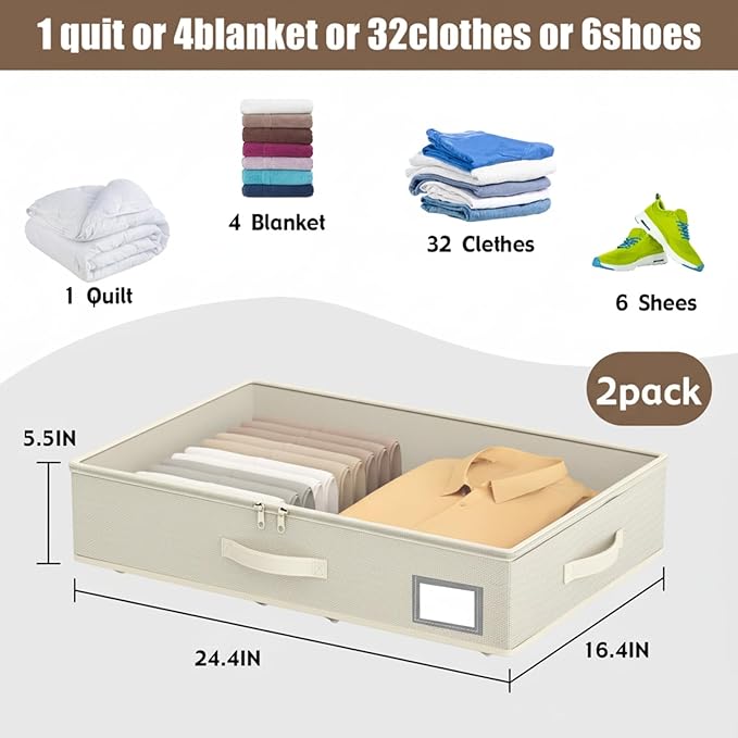 Under Bed Storage with Wheels, No Assemble Required 5.5 inches height beige under bed storage bins,Low Profile Rolling Underb