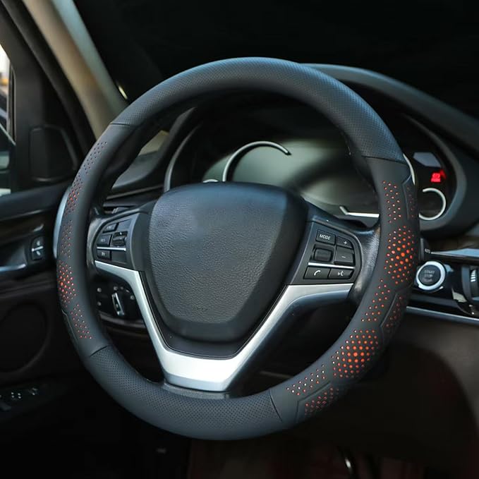 Leather Steering Wheel Cover for Dodge Ram 1500 2500 3500/ for Ford F150 F250 F350/ for Toyota Tacoma 4Runner Tundra, 15.5-16