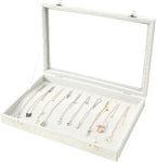Coward 20 Hooks Necklace Organizer Jewelry Box, Grey Beige Velvet Necklace Display Tray Case with Transparent Glass Lid for H