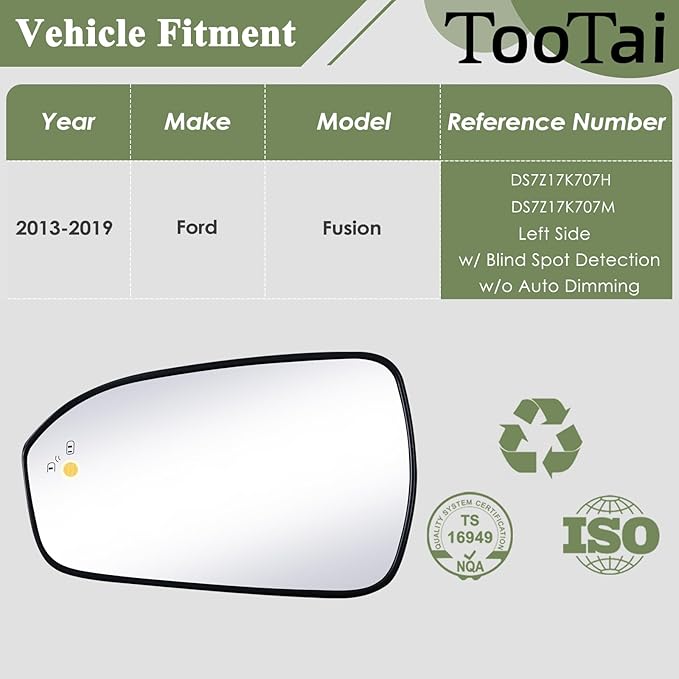 Driver Side Replacement Mirror Glass - compatible with Ford vehicles - Fusion 2013-2019 - heated with Blind Spot Detect, without Auto Dimming, LH