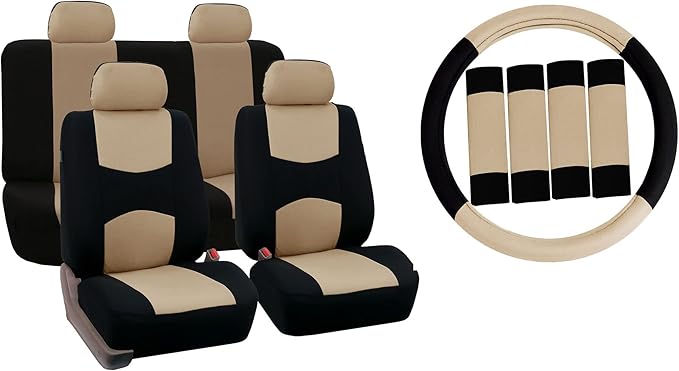 FH Group Car Seat Covers Flat Cloth Automotive Beige Full Set, Rear Solid Bench Universal Fit Combo Steering Wheel Cover & Seat Belt Pads Car Seat Protector for Cars Trucks SUV Interior Accessories