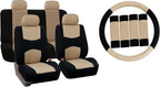FH Group Car Seat Covers Flat Cloth Automotive Beige Full Set, Rear Solid Bench Universal Fit Combo Steering Wheel Cover & Seat Belt Pads Car Seat Protector for Cars Trucks SUV Interior Accessories