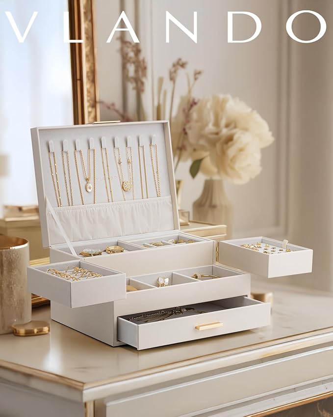 VLANDO 3 Layer Jewelry Box - Women Jewelry Box with Retractable Tray - Jewelry Organizers with Drawer for Necklaces, Rings, B