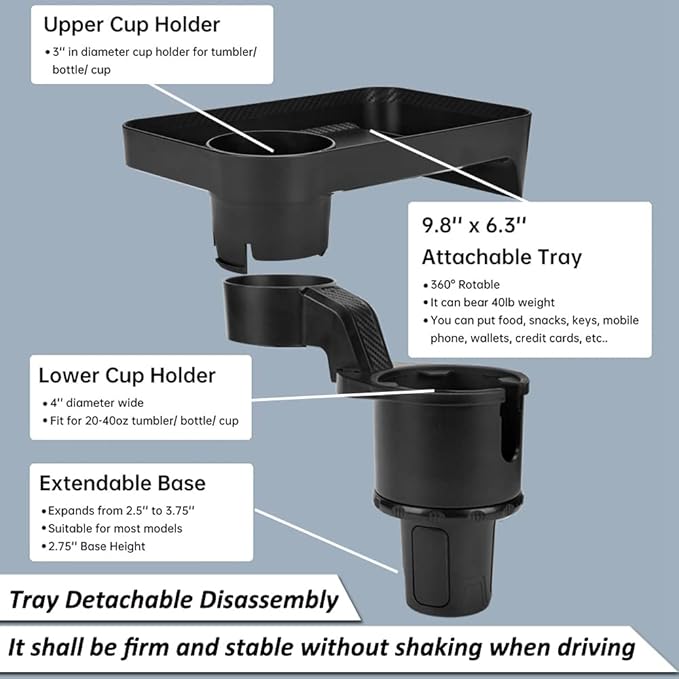 Multifunctional Car Cup Holder Expander with Rotable Food Tray for Road Trips