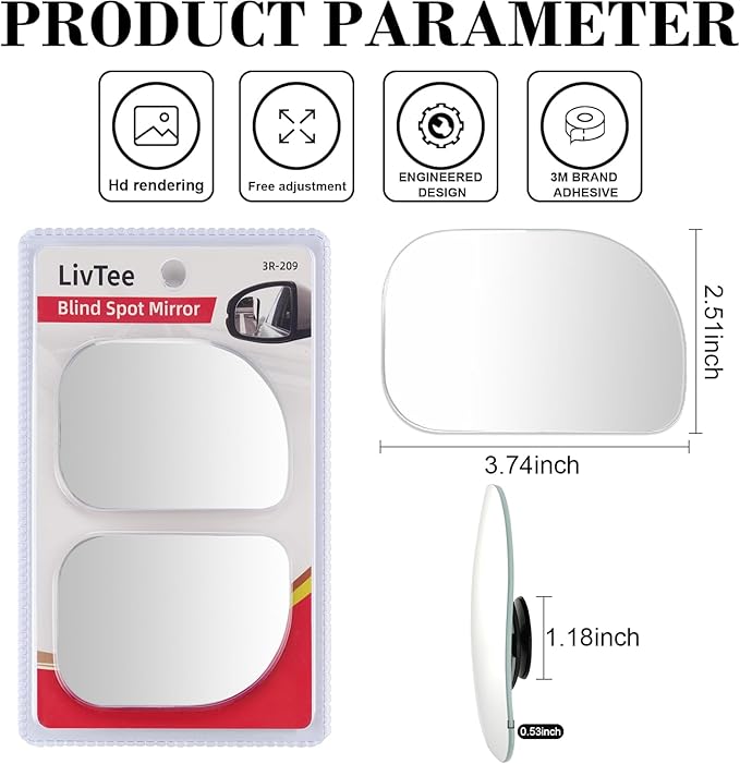 LivTee XLarge Blind Spot Mirror, Rounded Rectangle HD Glass Frameless Convex Rear View Mirrors Exterior Accessories with Wide Angle Adjustable Stick for Car SUV and Trucks, Pack of 2
