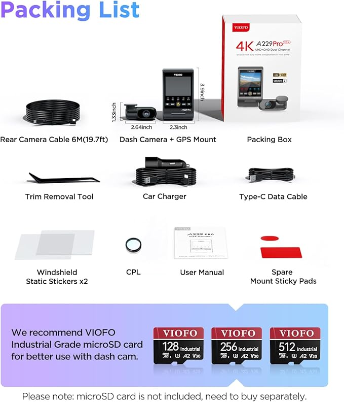 VIOFO A229 Pro 4K HDR Dash Cam, Dual STARVIS 2 IMX678 IMX675, 4K+2K Front and Rear Car Camera, 2 Channel with HDR, Voice Cont