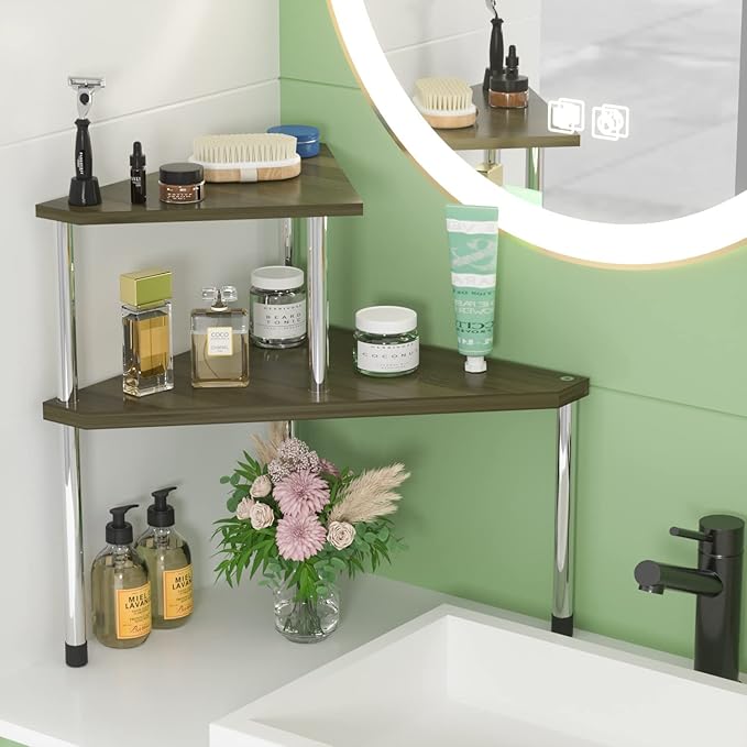 Weenson Bathroom Counter Organizer Corner Shelf - 2 Tier Bathroom Organization Bamboo Bathroom Sink Shelf Kitchen Countertop 
