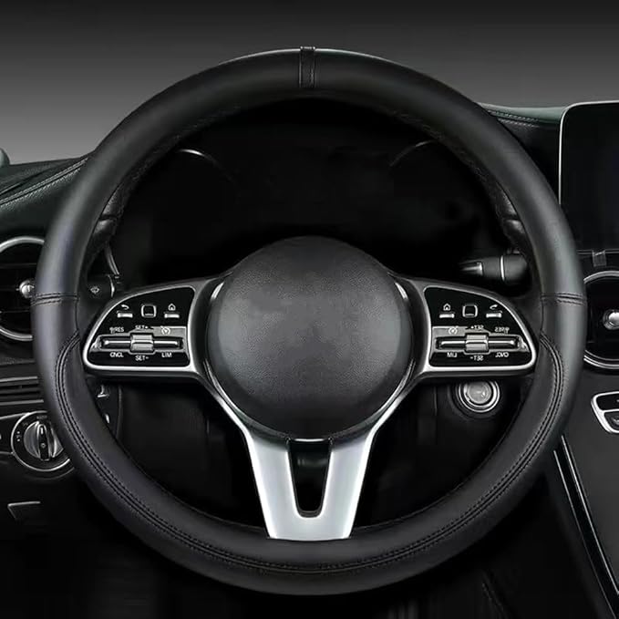 Morandi Color Steering Wheel Cover, Nappa Leather, Fashionable Sporty Style, Universal 15 inches，Black