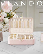Vlando Jewelry Box Organizer for Women Girls, 2 Layer Jewelry Case with Lock,Jewelry Storage Earrings Necklace,Rings,Gift Box