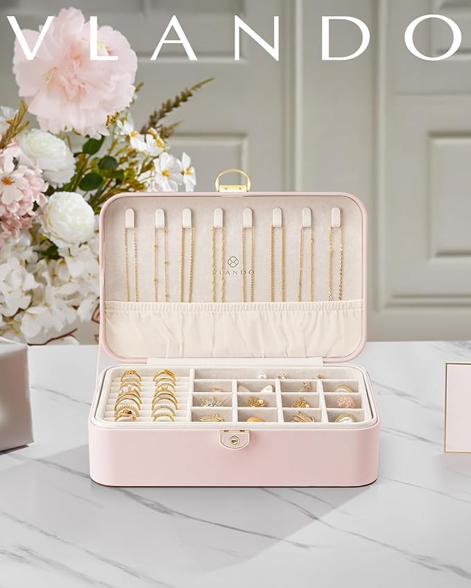 Vlando Jewelry Box Organizer for Women Girls, 2 Layer Jewelry Case with Lock,Jewelry Storage Earrings Necklace,Rings,Gift Box