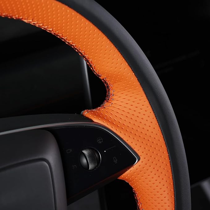 MEWANT DIY Stitching Real Leather Steering Wheel Cover Wrap for Tesla Model 3 Highland 2023-2025/Model Y 2025 Highland for Tesla Model 3/Model Y Accessories(3D Style)