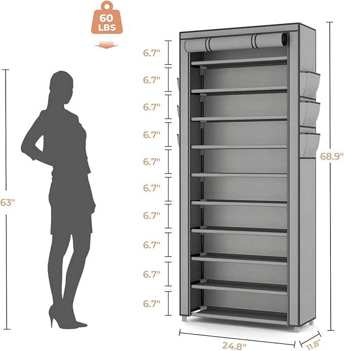 VTRIN Vertical Narrow Shoe Rack Organizer Tall Shoe Rack for Closet Entryway 10 Tier Non-Woven Cover Shoe Shelf Holds 36-41 P