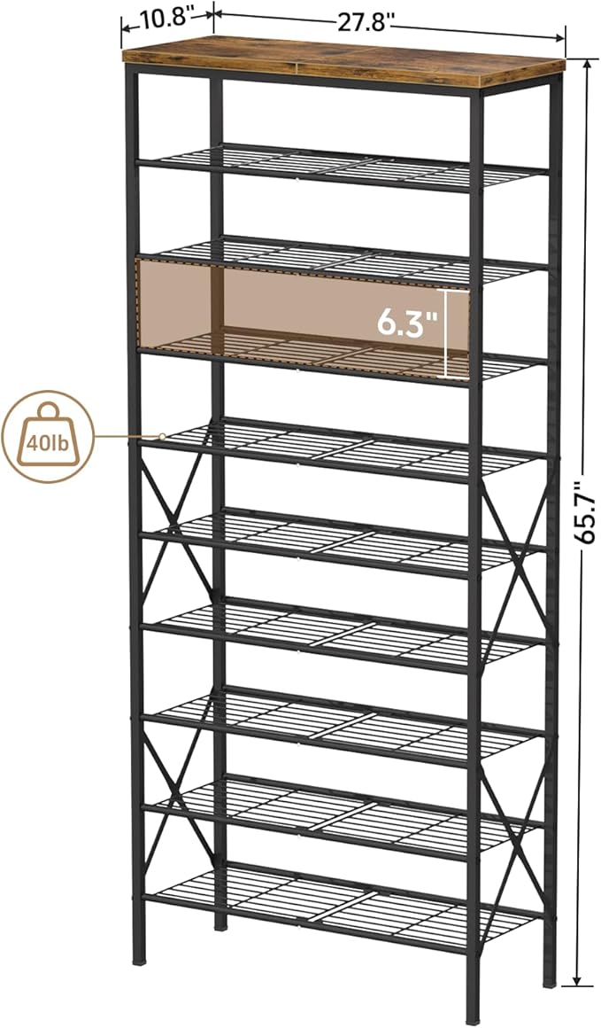 10-Tier Tall Shoe Rack, Large Capacity Shoe Shelf Holds40-45 Pairs, Shoe Shelf for Entryway, Hallway, Living Room, Rustic Bro
