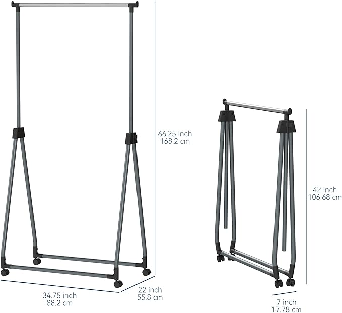 Whitmor Foldable Garment Rack - Rolling Clothes Rack - Adjustable Height Garment Rack, Heavy Duty Foldable Clothes Rack with 