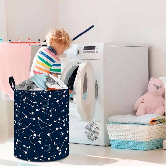 CLOCOR Large Blue Round Laundry Hamper,Kids Toy Storage Basket,Baby Dirty Clothes Nursery Hamper for Boys and Girls,Bedroom,B