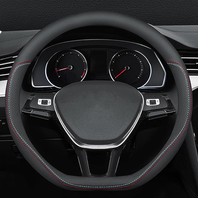 Carodi Latest Nappa Leather car Steering Wheel Cover, Stylish Non-Slip Leather car Interior 15 inches Universal (D-Shape,Blac