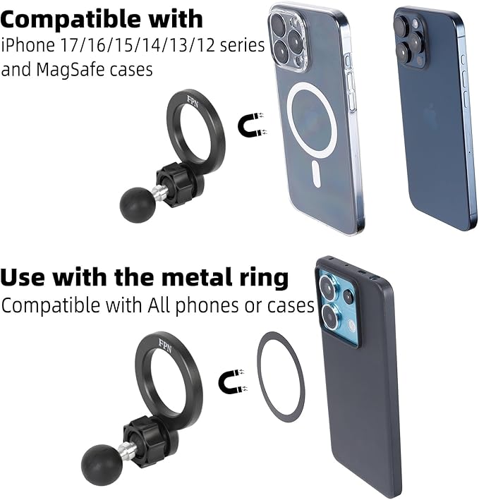 Magnetic Phone Holder Base for RAM Mounts, 1" (25mm) Ball Mount for Magsafe iPhone 17/16/15/14/13/12 Series, Compatible with RAM B Size Double Socket Arm