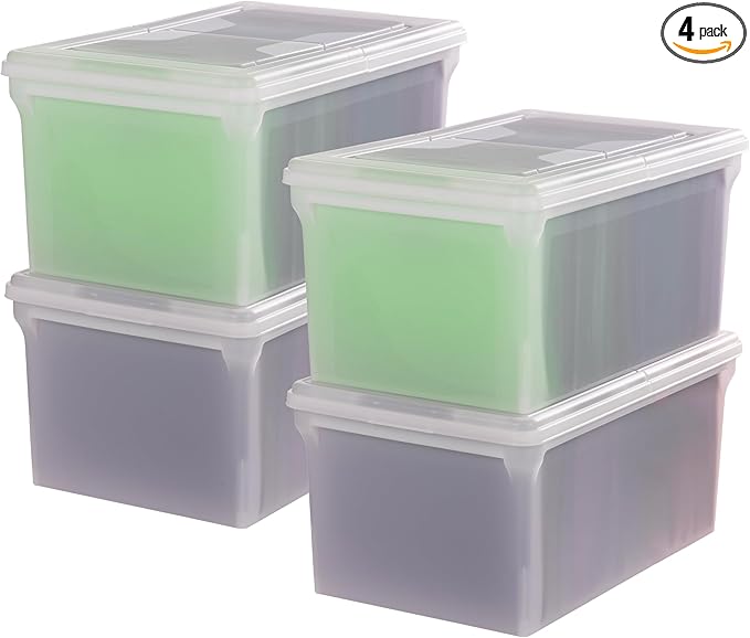 IRIS USA File Box, File Organizer w/Hinged Split Lid for Letter File, Important Document Box, Plastic Storage Filing Bin for 