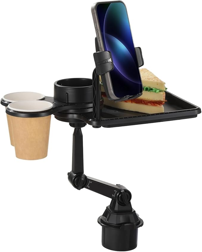 Cup Holder Tray for Car, Car Food Tray with Phone Stand, Car Table Tray, Detachable 360° Rotation, Ideal for Daily use and Road Trip Dining