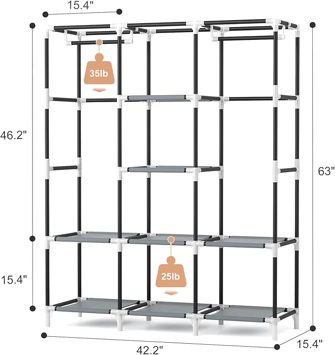 VTRIN Portable Closet Wardrobe for Hanging Clothes with 2 Hanging Rods and 8 Storage Organizer Shelves,Free Standing Clothes 