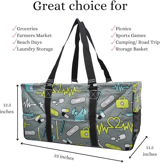 NGIL Extra Large Utility Tote Reusable Grocery Bag Oversized Collapsible for Groceries, Storage, Picnic, Beach (Nurse-black)