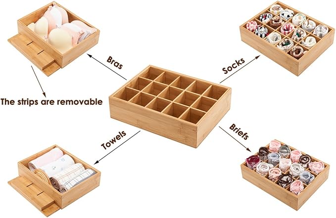 GOBAM Bamboo Closet Drawer Divider - Storage Organizer with 15 Compartments, Drawer Organizer, Storage Box for Belts, Ties, B