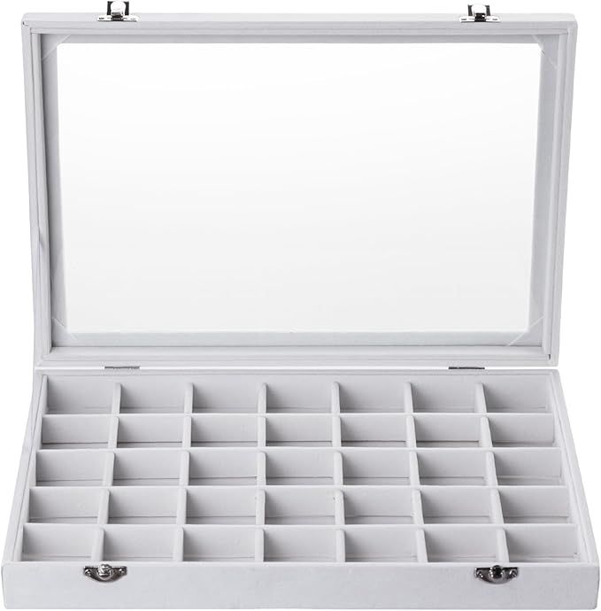 Frebeauty Velvet Jewelry Tray,35 Grid Jewelry Organizer with Clear Lid,Earring Holder Organizer Case with Clasp,Drawer Insert