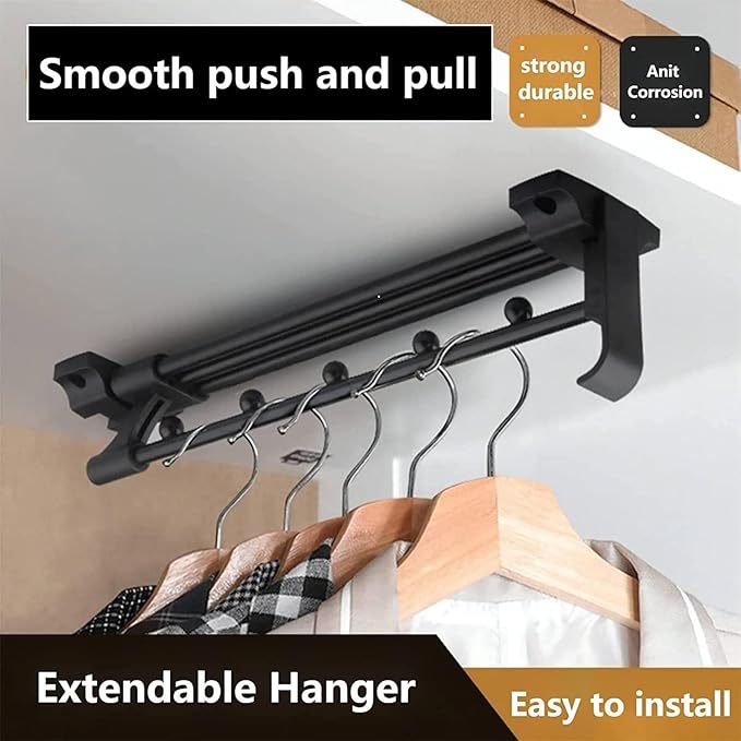 Wardrobe Clothes Hanger Rail - Heavy Duty Retractable Closet Pull Out Rod, 25-45Cm Pull-Out Clothes Rail, Extendable Wardrobe