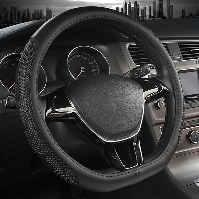 D Shape Steering Wheel Cover,Universal 14.5-15 Inch Car Black Leather Steering Wheel Wrap with Better Sport Grip for Men Wome